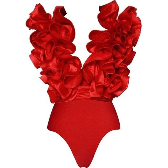 Sexy Glamorous Luxury Runway Party Outfit Ruffles Bodysuit Top Skirt Dress Cover - Picture 7 of 16